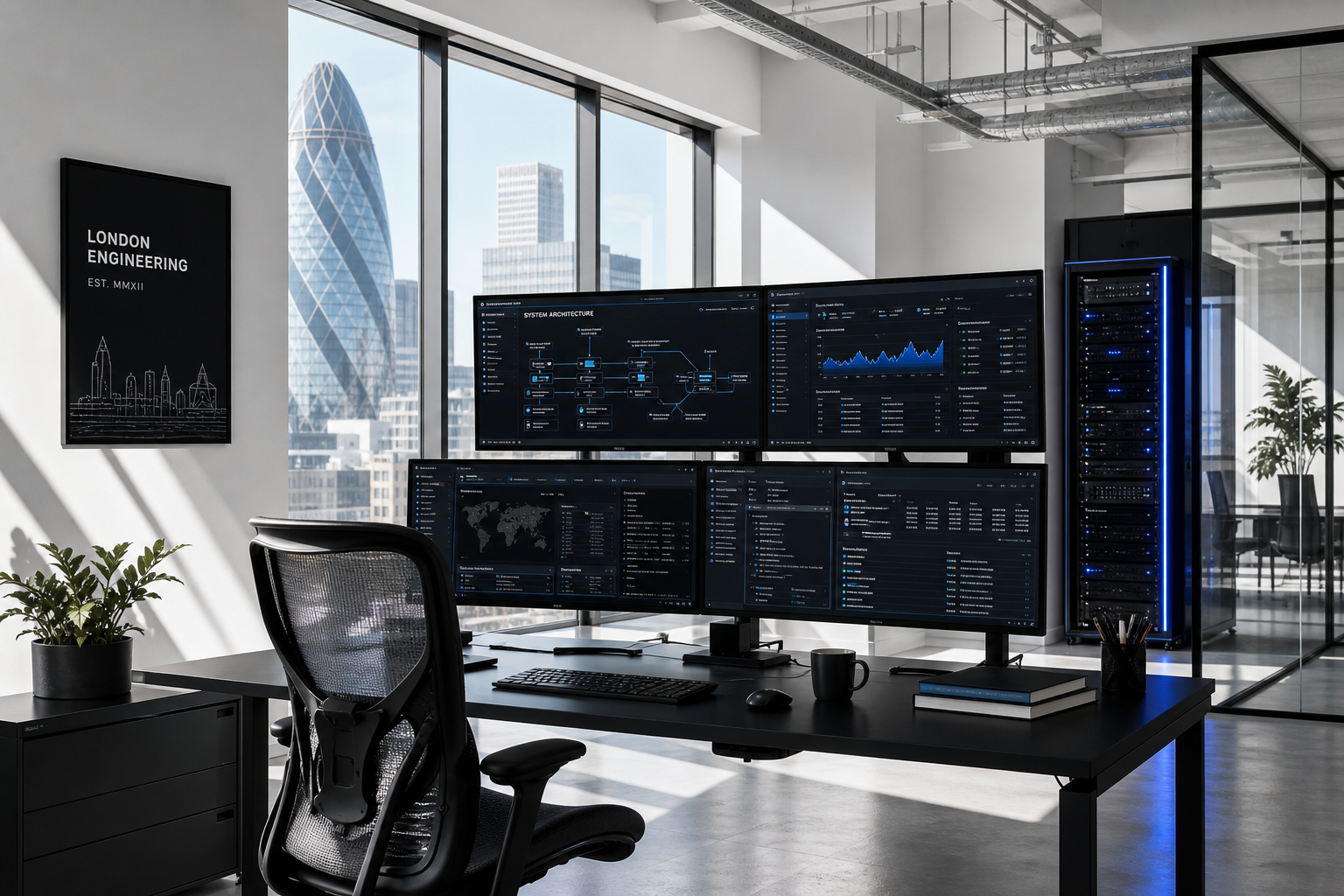 Modern computer systems infrastructure — server hardware and architecture diagrams in a professional UK technology office